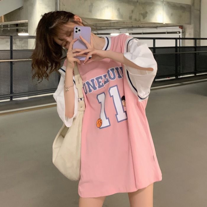 Fake two-piece basketball uniform t-shirt for women 2022 new jersey short-sleeved student Korean version loose mid-length half-sleeved ins trend