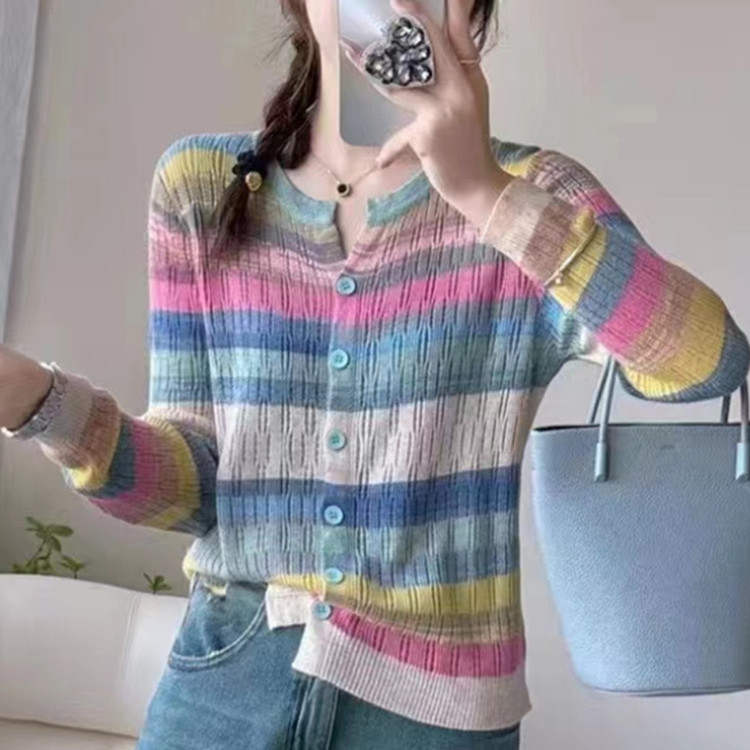 Early autumn new rainbow striped round neck long-sleeved knitted button cardigan slimming short top for women
