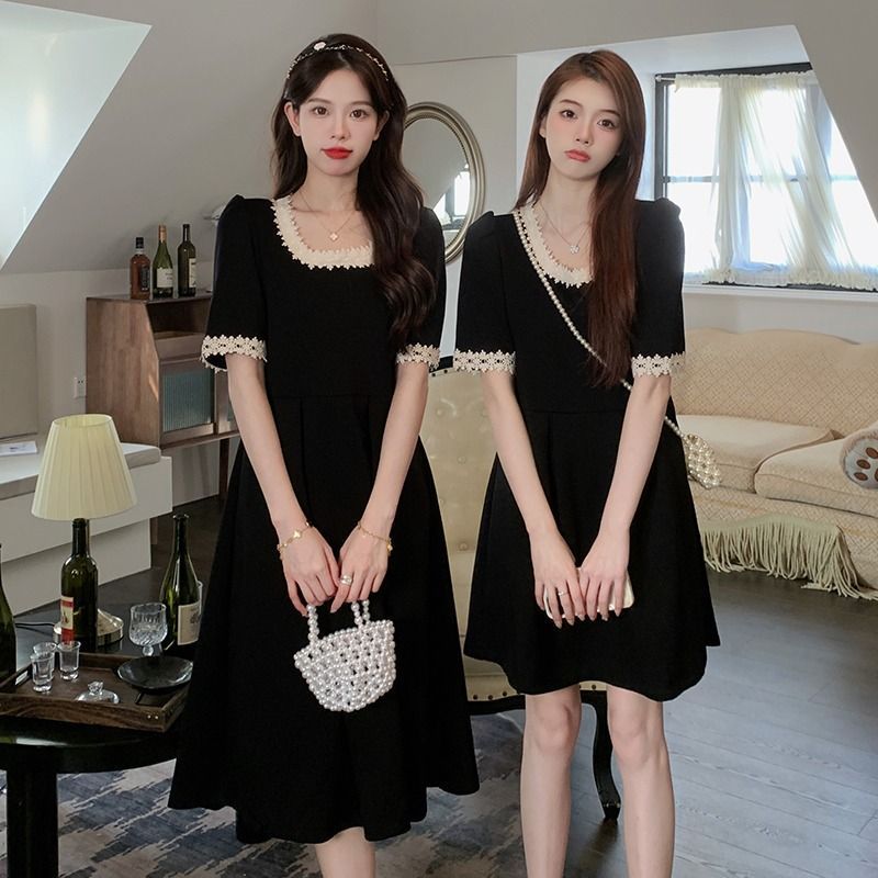 2023 new summer style women's long and short style large size round neck bestie dress waist French large size dress
