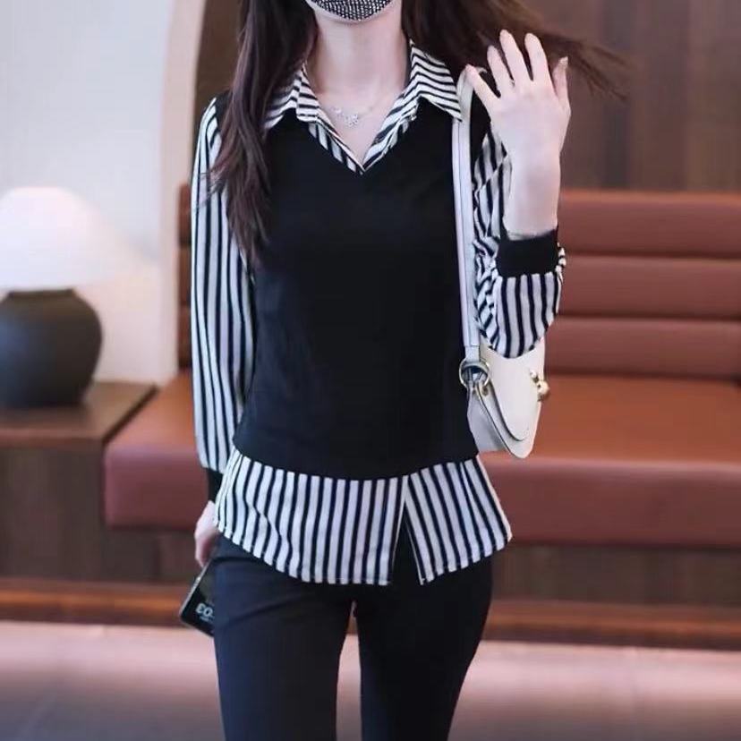 Fake two-piece shirt for women 2024 spring new style belly-covering regular temperament shirt fashionable commuter top bottoming shirt