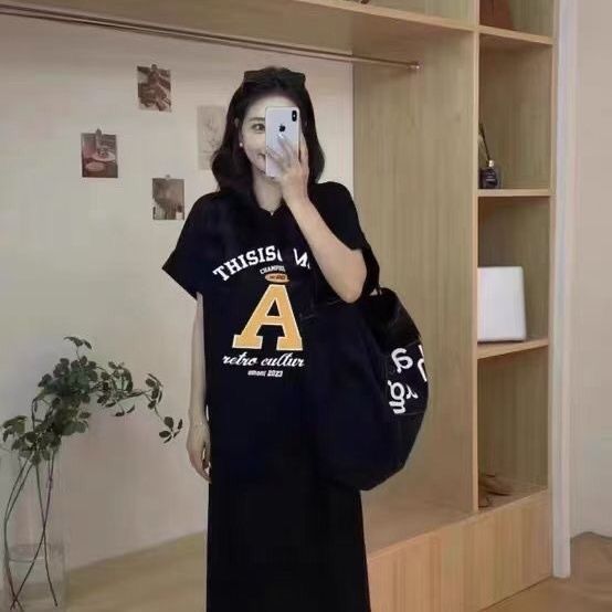 2023 new summer Korean style short-sleeved loose T-shirt nightgown large size fat MM loose slim mid-length dress