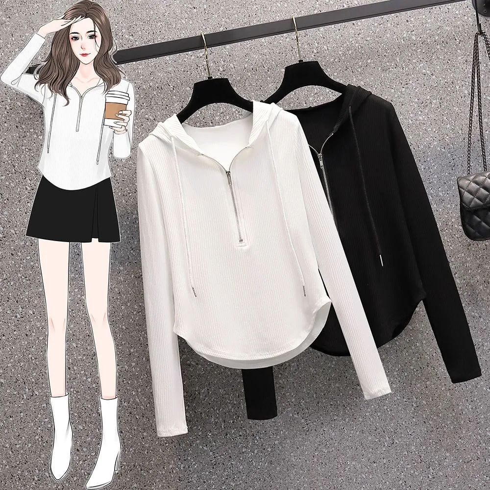 Threaded drawstring hooded T-shirt women's long-sleeved 2023 spring and autumn new style slimming and versatile design bottoming top