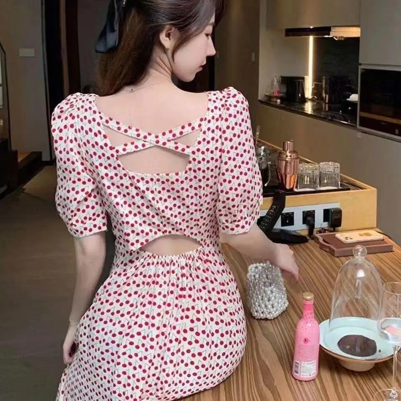 V-neck sexy open-back high-waisted satin dress short-sleeved women's slimming slim-waisted floral long skirt