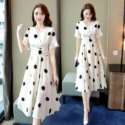 Polka dot dress spring and summer new women's short-sleeved fashionable waist slimming temperament light mature style skirt