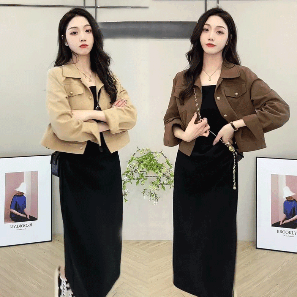 Short shirt jacket square collar suspender dress suit 2023 autumn new style mid-length casual two-piece set for women