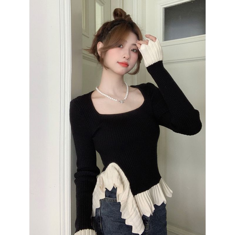 Ruffled contrast color splicing irregular bottoming sweater for women, autumn and winter style, French style square neck short sweater