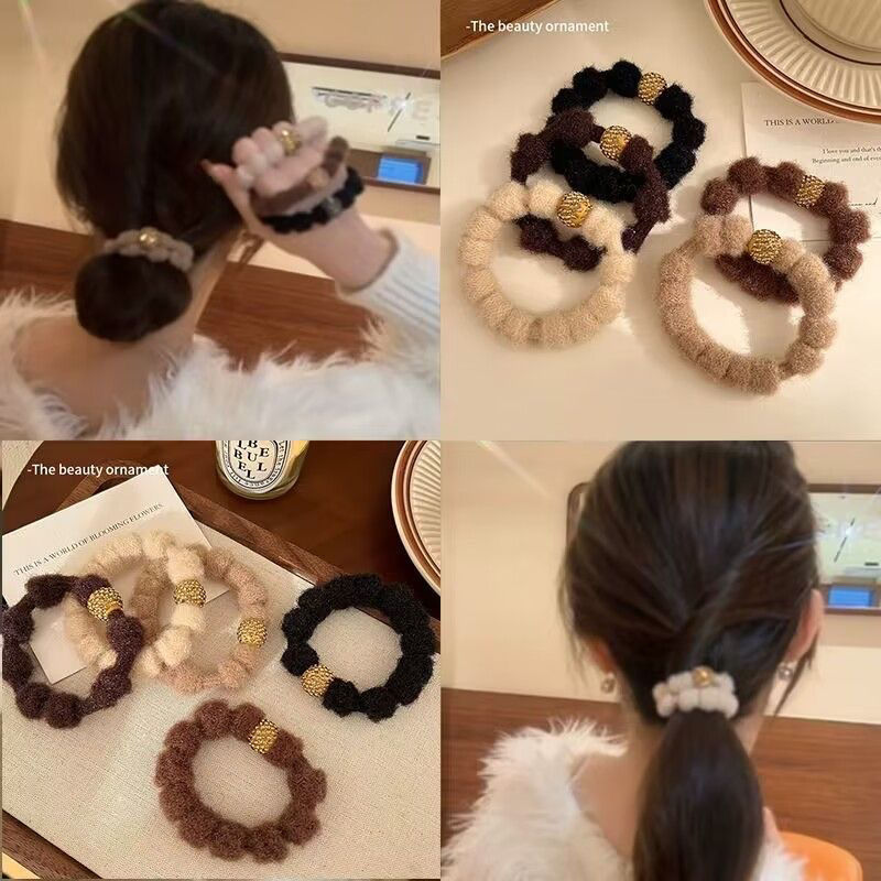 Autumn and winter Maillard color plush hair tie, high elasticity, light luxury, water drill bit rope tie ball hair rope hair