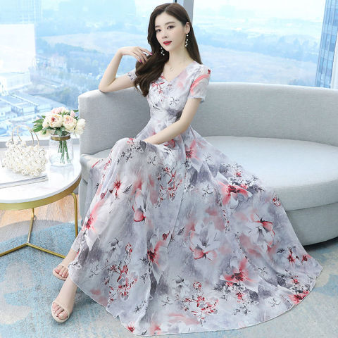 Chiffon dress spring and summer new women's big swing printed waist slimming large size mid-length skirt