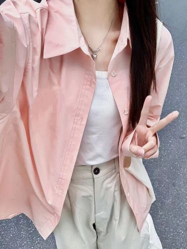 Pure cotton super white smoke pink shirt women's spring long-sleeved shirt solid color loose slim design top jacket