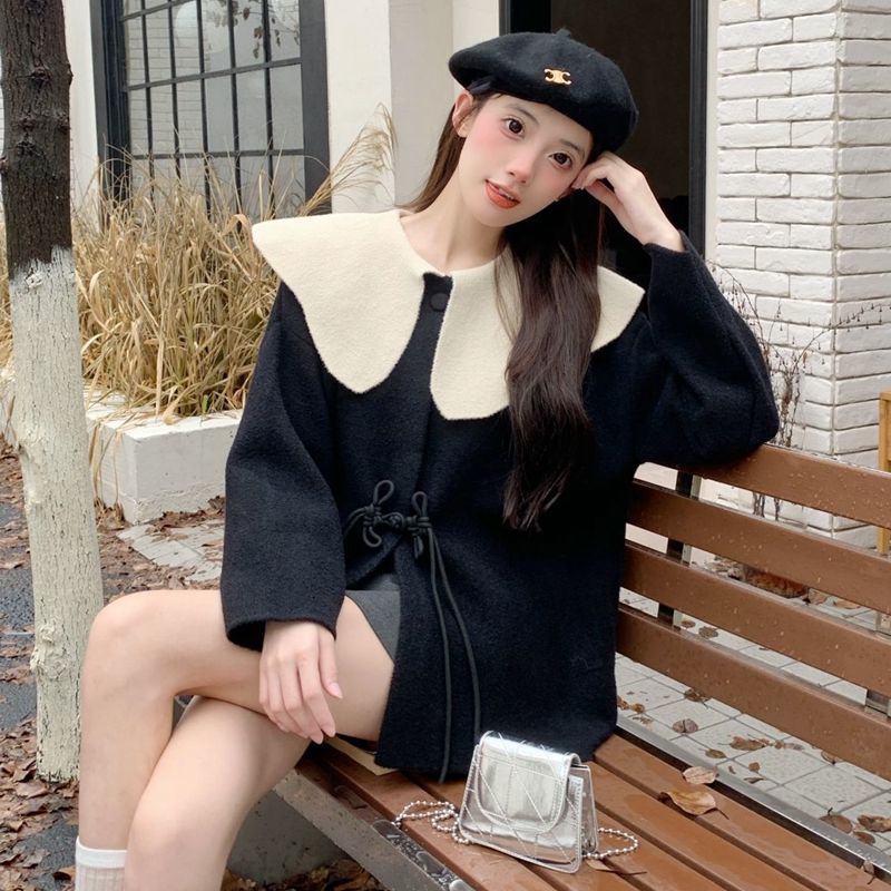 Collar age-reducing contrasting color lace doll woolen new coat slimming loose large size chic button thick cardigan