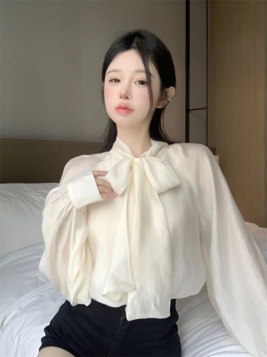 French temperament strappy bow long-sleeved shirt women's design niche chic shirt top spring and autumn new style