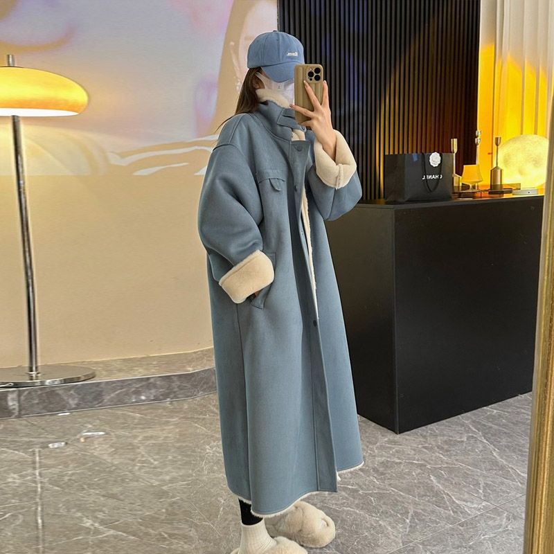 Suede fur all-in-one coat for women winter new thickened long motorcycle lamb hair coat woolen coat