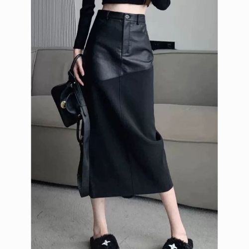 High-end spliced ​​leather skirt mid-length women's autumn and winter back slit high waist long straight hip-hugging one-step skirt