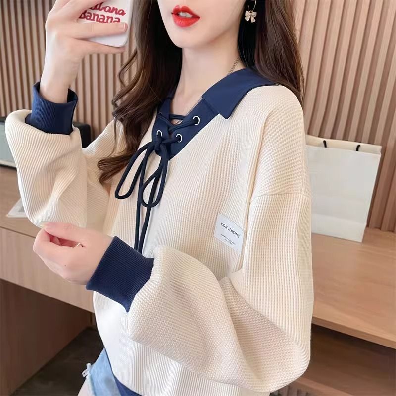 Waffle fake two-piece top early autumn polo collar sweatshirt for women spring and autumn Korean style loose early autumn thin coat