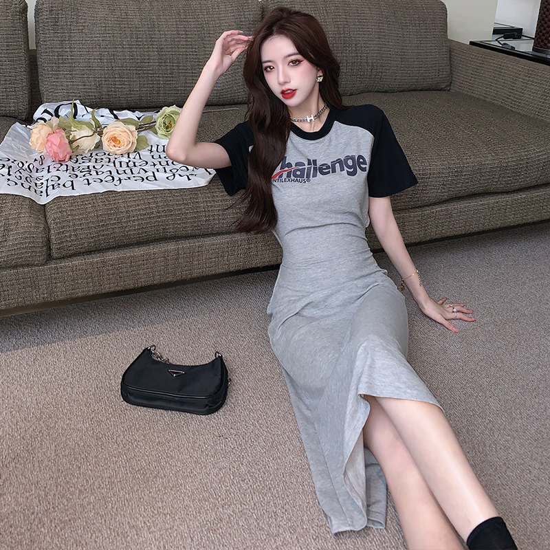 2024夏季新款美式復古印花小眾設計感韓版短袖連衣裙辣妹顯瘦女潮