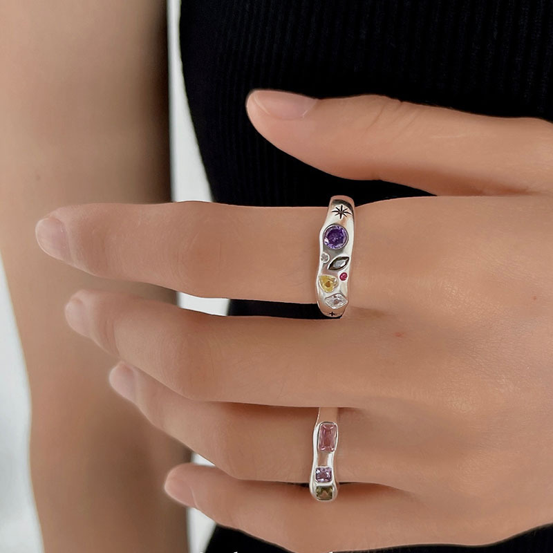 Niche retro colorful zircon inlaid open ring women's ins style fashionable personality light luxury versatile open ring