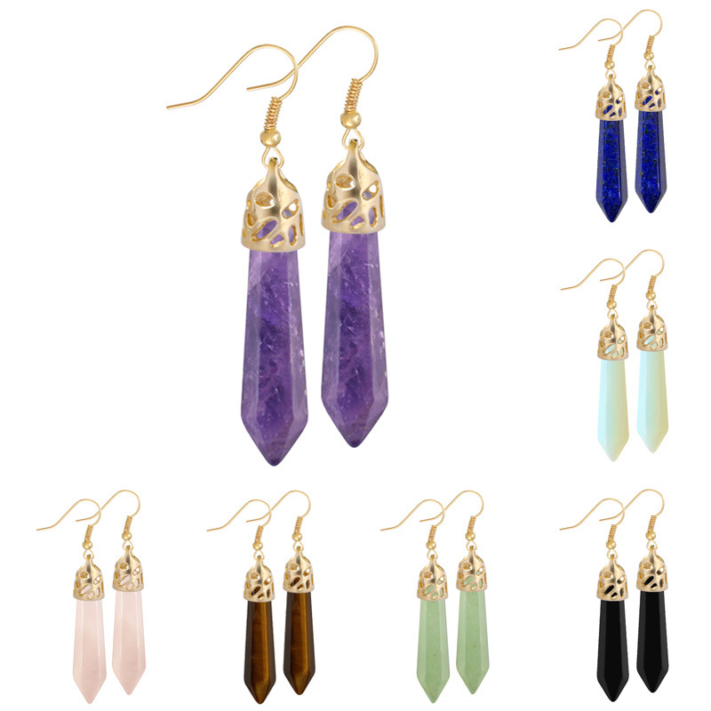 European and American geometric crystal earrings for women, natural agate hexagonal column earrings, personalized versatile earrings, crystal jewelry wholesale