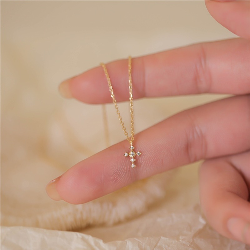 Niche design S925 sterling silver plated 14K gold cross INS cold style zircon stacked necklace for women clavicle chain