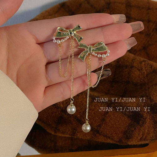 925 silver needle pearl bow tassel earrings Korean sweet temperament earrings fresh design fashionable earrings