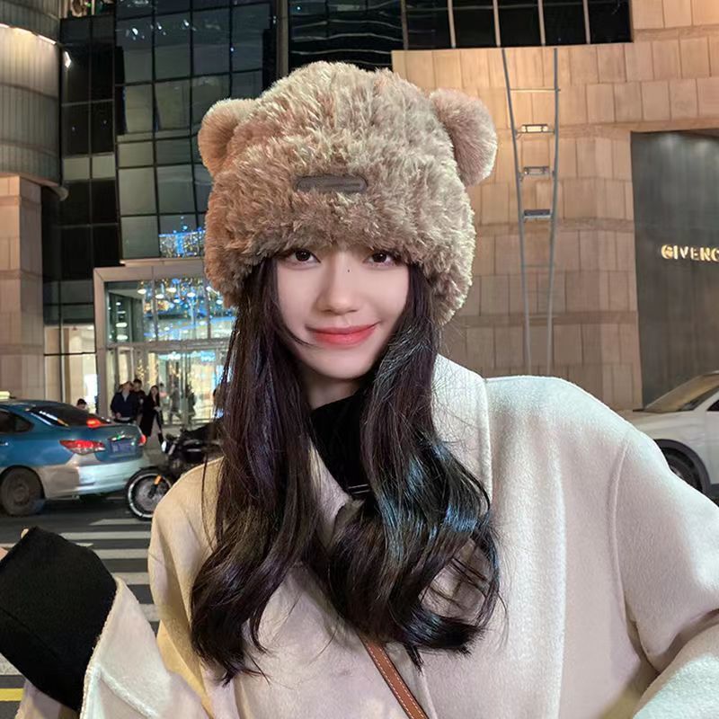 Cute Bear Wool Hat Women's Winter Thickened Plush Warm Furry Baotou Hat Autumn and Winter Large Head Circumference Knitted Hat