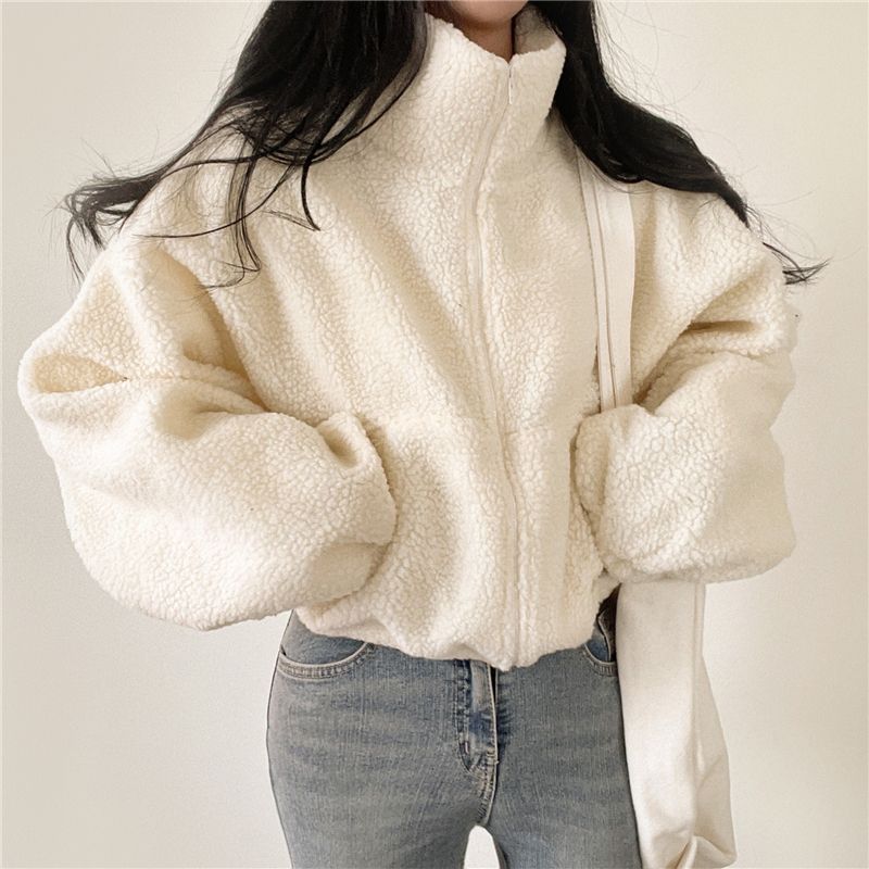 overisze lamb wool sweatshirt women's autumn and winter thickened velvet loose cardigan zipper stand collar jacket trendy top