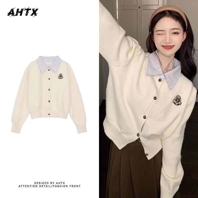 French preppy style fake two-piece sweater women's short autumn 2023 new loose and chic long-sleeved sweater cardigan