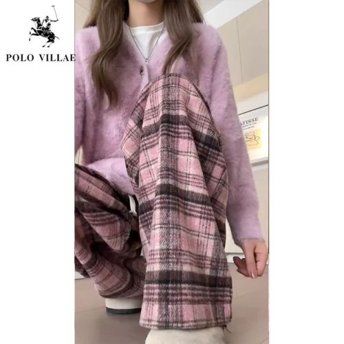 High-waisted pink plaid trousers for women, casual retro autumn and winter plus velvet, loose and drapey trousers for small people