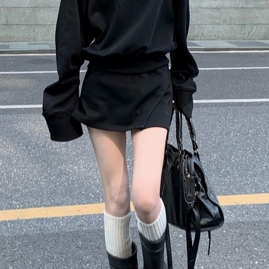 Salt suit for women, sweet style stand-up collar pullover long-sleeved sweatshirt + design slit high-waisted skirt two-piece set