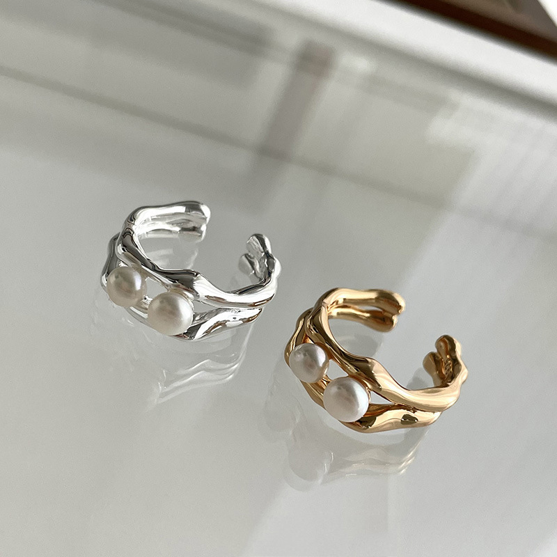 Korean style niche design double-layer pod freshwater pearl open ring women's fashionable simple temperament versatile index finger ring