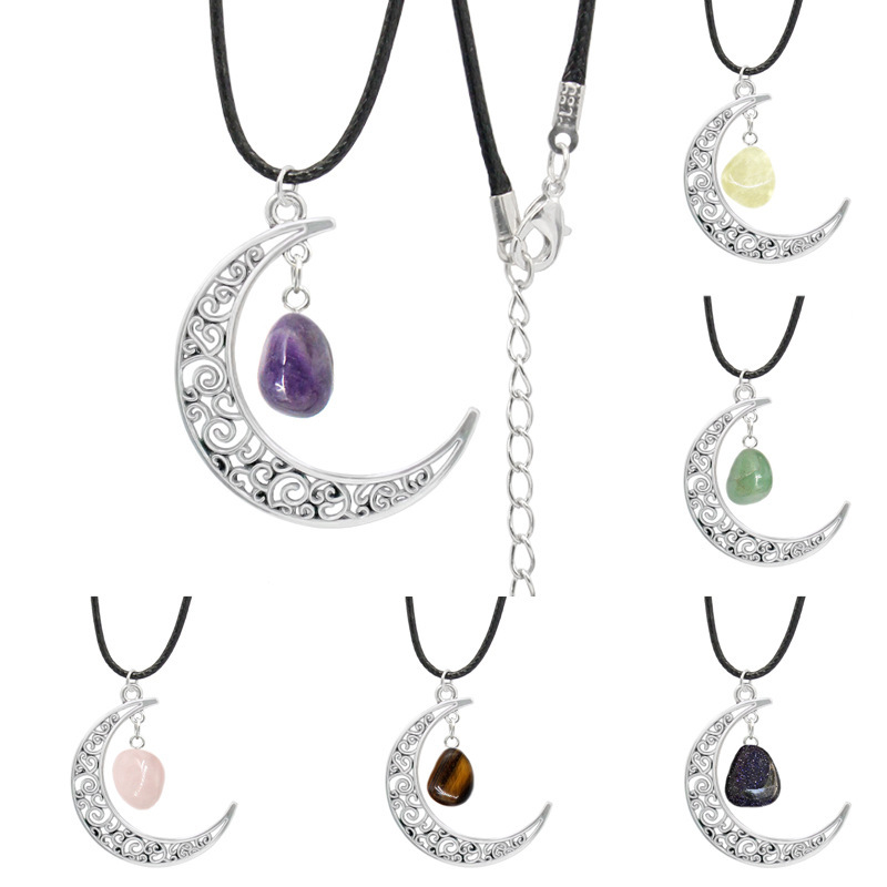 European and American natural crystal raw stone necklace retro alloy moon necklace female niche Amazon foreign trade jewelry wholesale