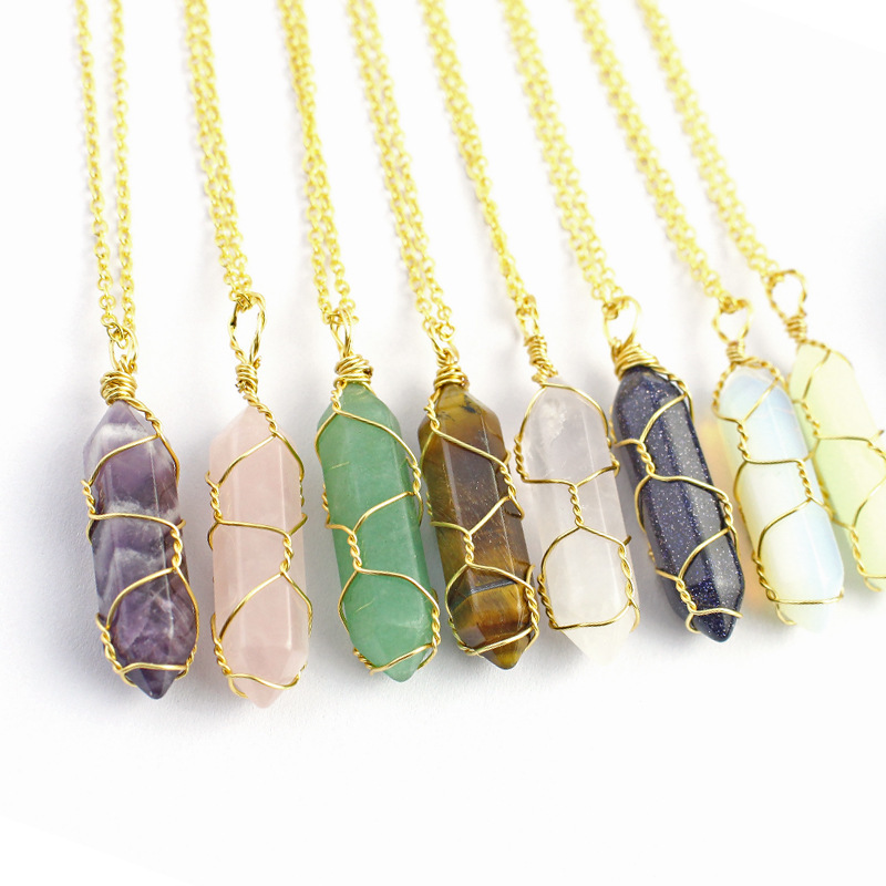 Foreign trade wire-wound hexagonal column pendant natural stone crystal necklace hand-wound bullet head jewelry wholesale
