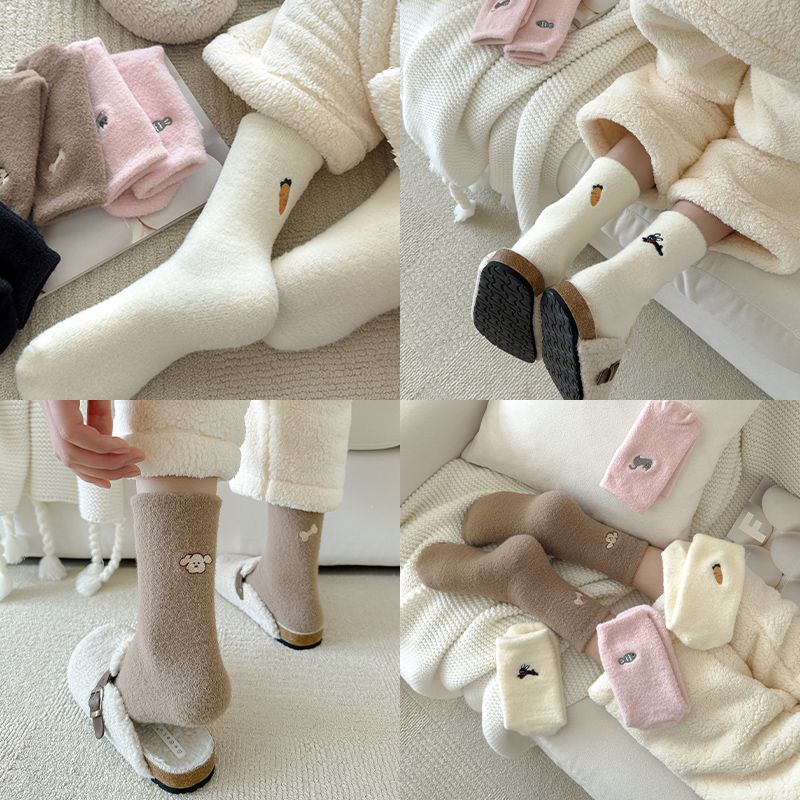 Plush socks for home girls cute autumn and winter thickened warm girls mid-calf socks winter sleep socks cartoon home
