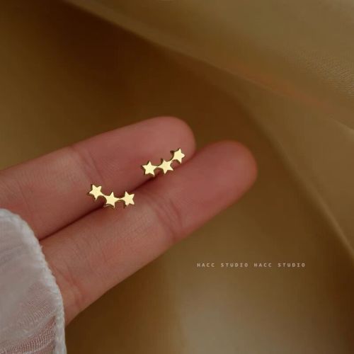 S925 sterling silver plated 14K gold three small star earrings for women cute five-pointed star versatile mini simple earrings