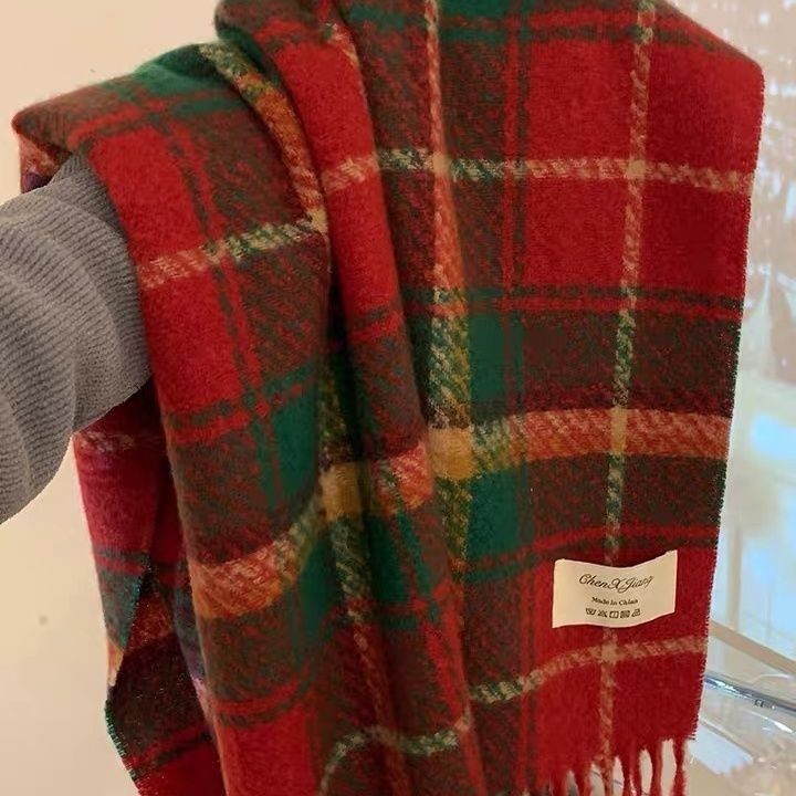 New Year and Christmas red tassel plaid scarf for women Korean style thickened and widened warm shawl student high-end scarf