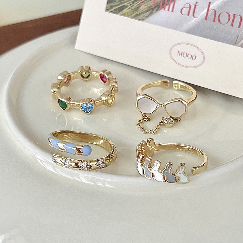 Korean style niche design rainbow love pink diamond ring for women ins sweet style fashion light luxury high-end open ring