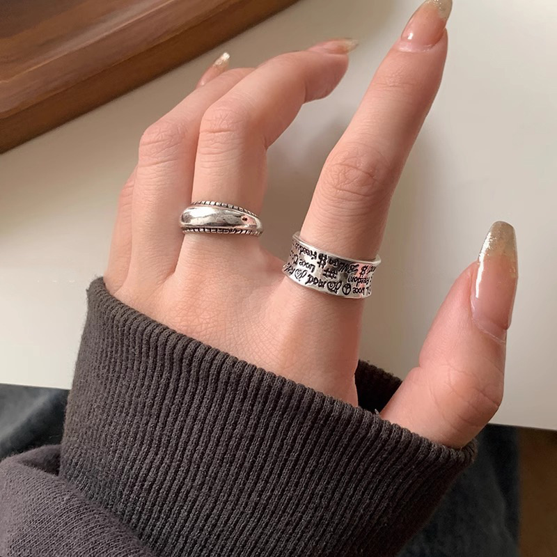 Korean version of retro heavy-duty old letter ring for women, fashion niche design, high-end index finger ring, adjustable ring