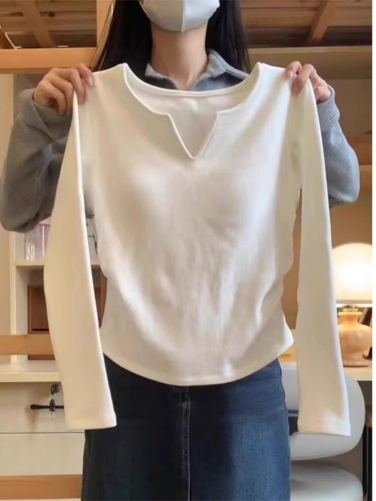 V-neck German velvet bottoming shirt white inner short top women's new autumn and winter plus velvet warm slim long-sleeved T-shirt