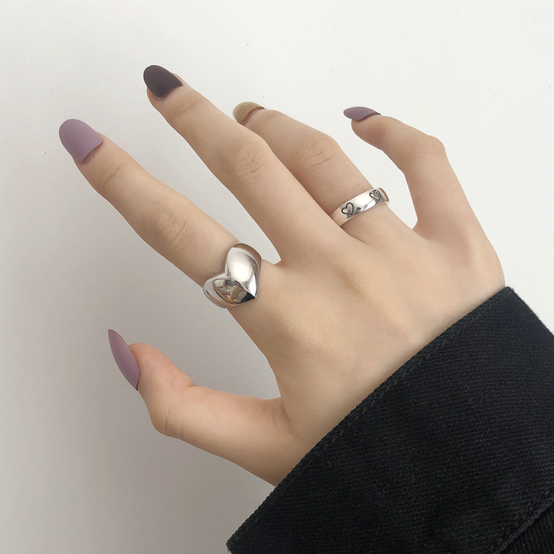 Japanese and Korean version of cold style S925 sterling silver ring for women, simple love-shaped wide-faced opening trendy ring