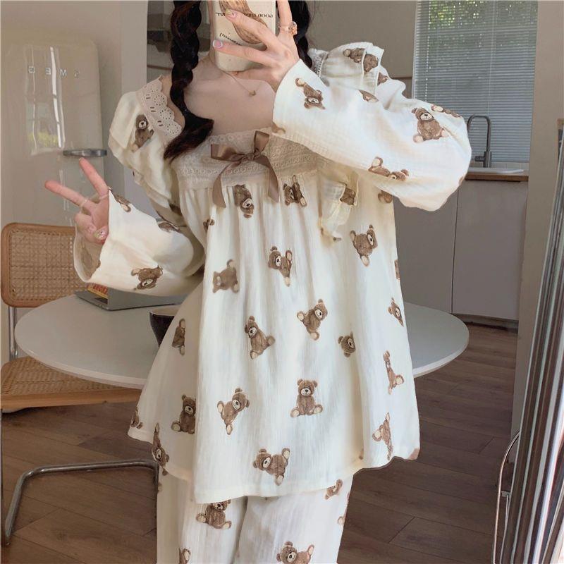 Cute autumn bear bow long-sleeved trousers pajamas for women new winter 2022 home clothes suit for women