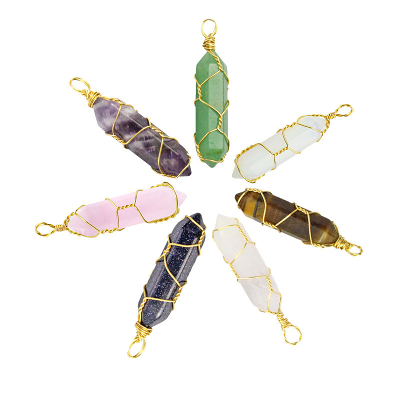Cross-border hot selling wire wound crystal hexagonal column pendant natural stone wire wound crystal necklace European and American foreign trade jewelry wholesale