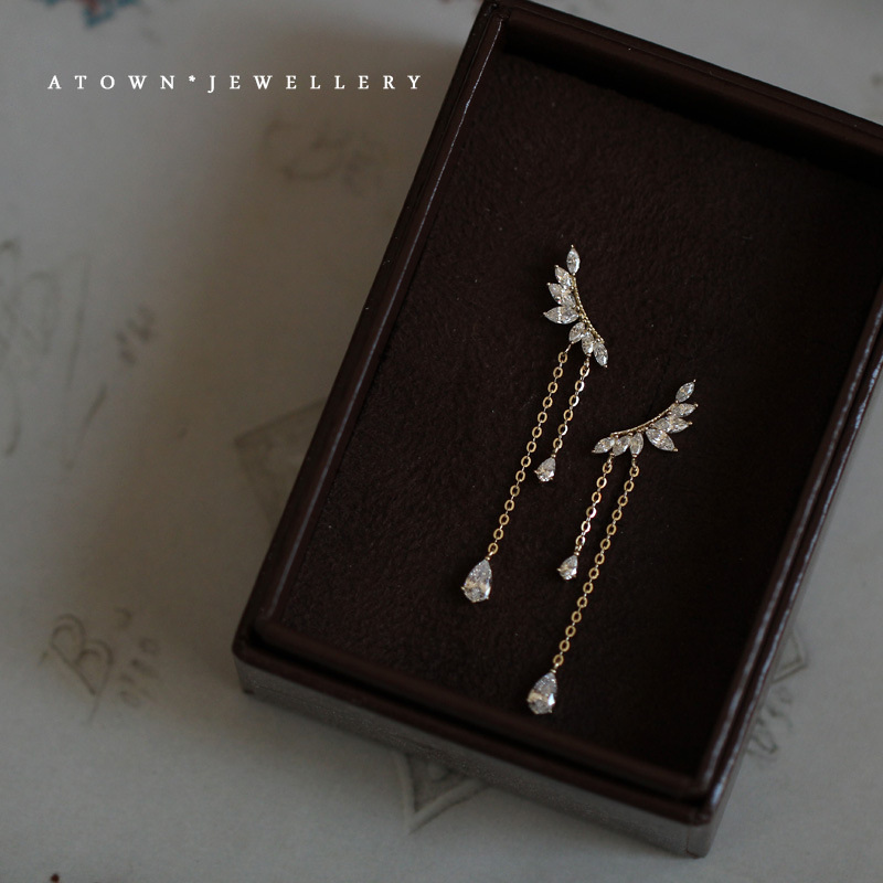 Long tassel wing shape S925 sterling silver plated 14K gold earrings light luxury French style Internet celebrity earrings for women