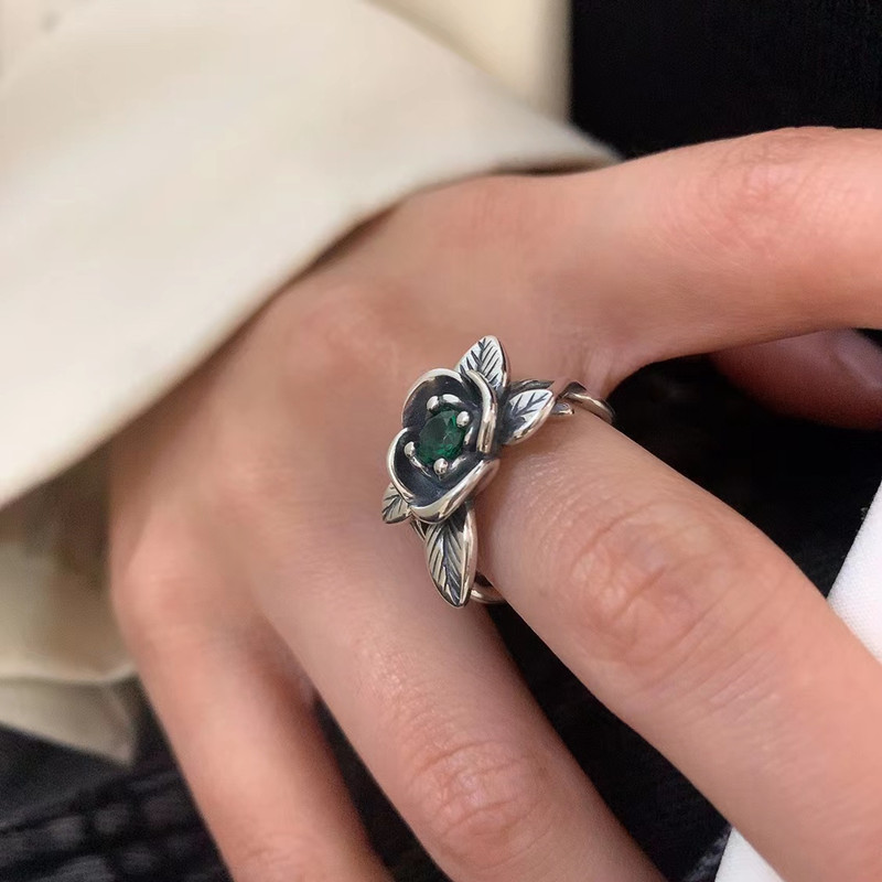 Korean style retro personality exaggerated green zirconia rose flower index finger ring women's trendy cool ring ring accessories