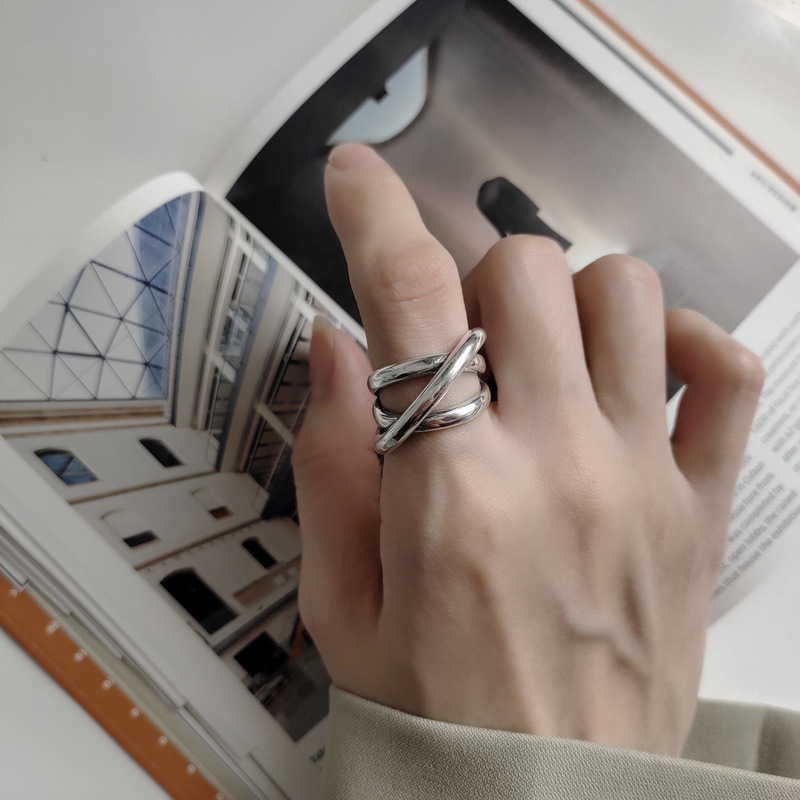 Korean version S925 sterling silver heavy industry multi-winding cross-line zircon diamond open ring ring