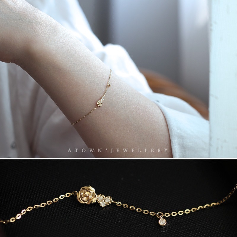 925 sterling silver plated with 14k gold simple bracelet, delicate love and roses, small romantic and versatile slim bracelet