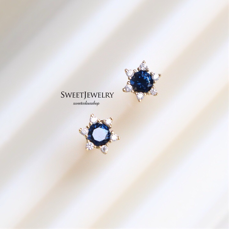 S925 sterling silver plated 18K gold blue spinel stud earrings for women, gentle, simple and versatile, shiny zircon stud earrings