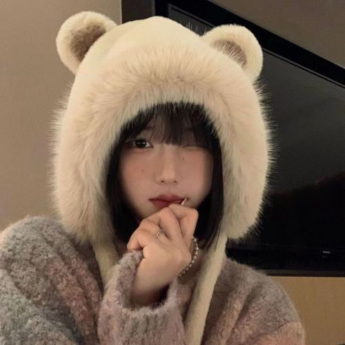 Cute bear woolen hat for women in winter 2023 popular plush warm furry autumn and winter large head circumference knitted hat