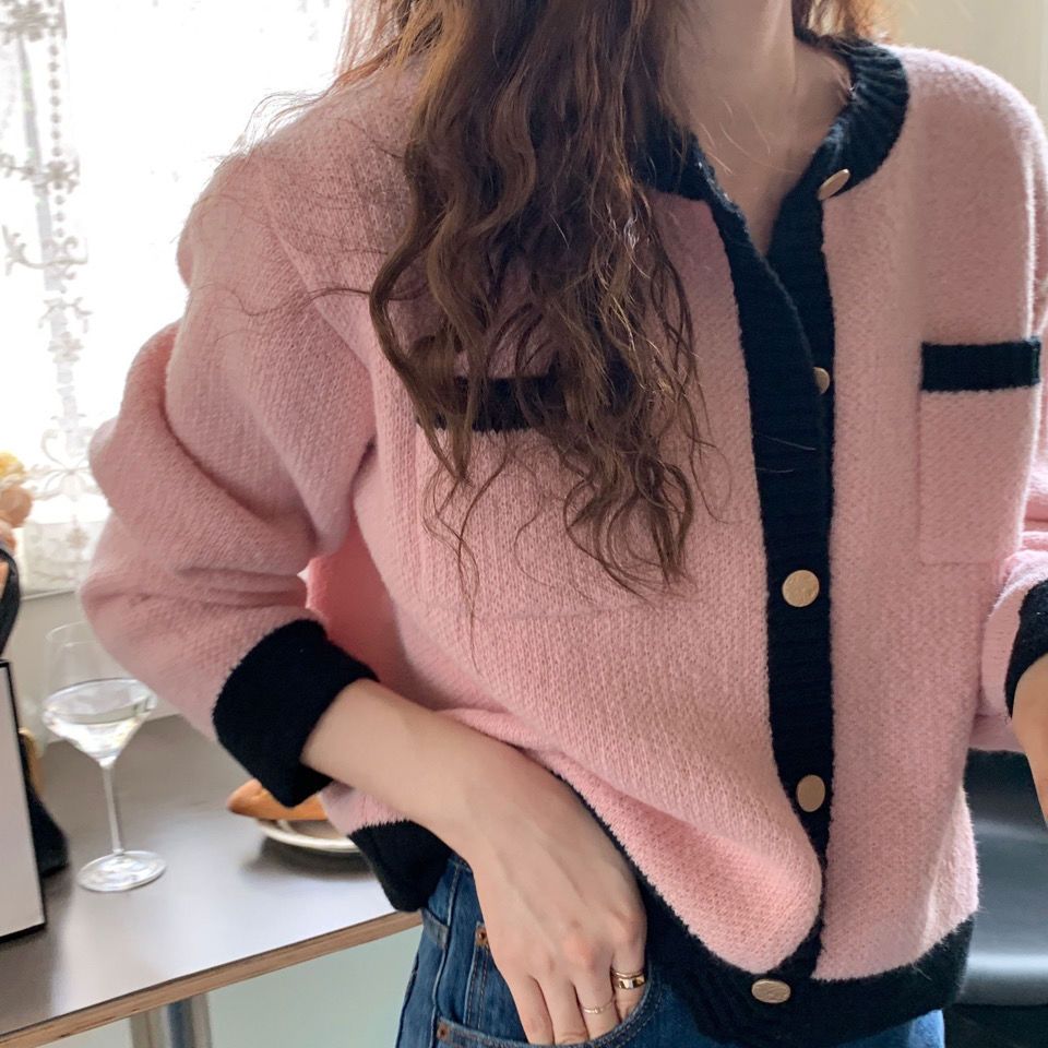 2023 Spring and Autumn New Style Sweater Coat Women's Color Blocked Loose Knitted Cardigan Korean Gentle and Sweet Little Coat