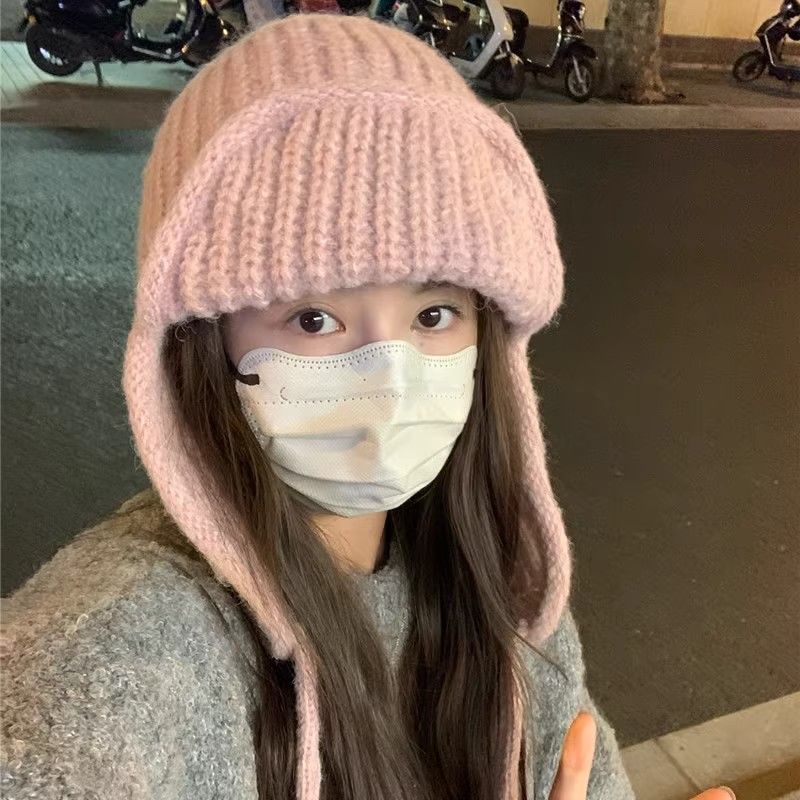 Korean ins style solid color warm ear protection knitted hat for women autumn and winter woolen hat fashionable thickened flying thunder hat