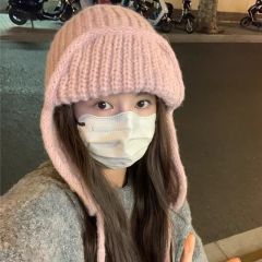 Korean ins style solid color warm ear protection knitted hat for women autumn and winter woolen hat fashionable thickened flying thunder hat