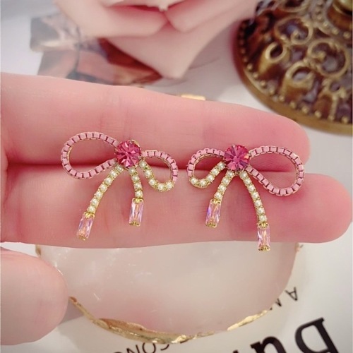 Pink bow crystal earrings for women Korean 925 silver needle niche fashion versatile red earrings trendy earrings